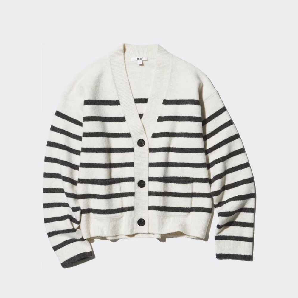 Uniqlo Light Souffle Yarn V Neck Short Cardigan | Stripe